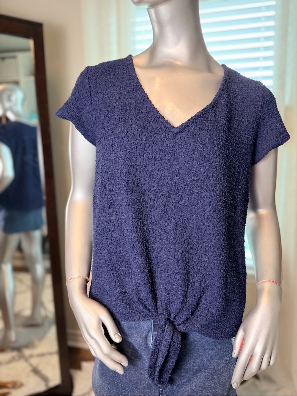 Anthropologie Current Air Betsy Navy Tie Front Cotton Textured Top Medium V-Neck